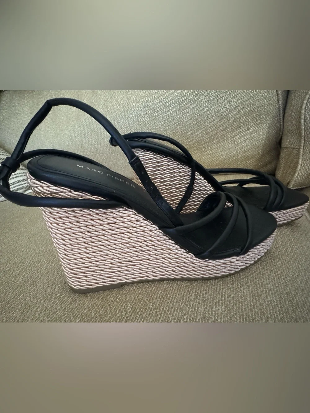 Marc Fisher Black Strappy Wedge Sandals with Blush Rope-Wrapped Platform